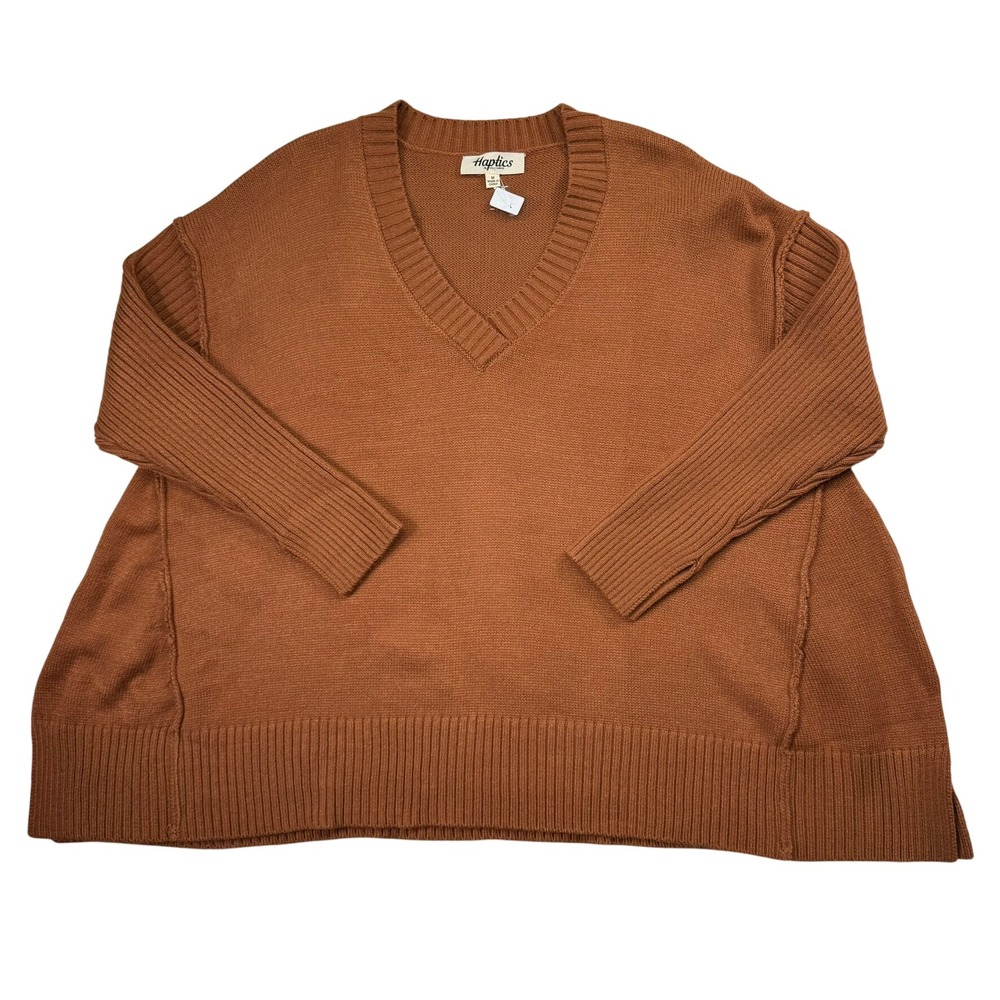 Haptics by Holly Harper Women Rust Oversized V-Neck Ribbed Sweater HCT4148A